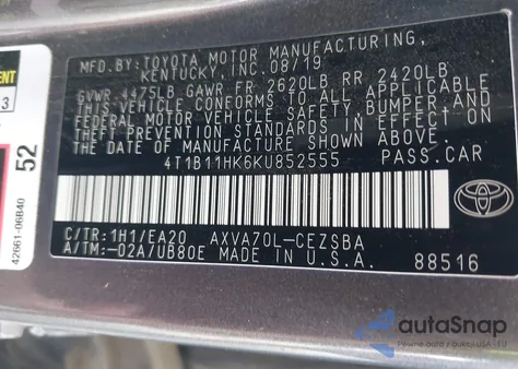 2019 Toyota Camry Se из США, поврежденный, VIN 4T1B11HK6KU852555